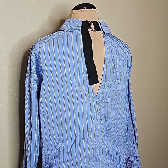 Zara Small Shirt Dress Button Front Blue Stripe Twist Front Long sleeve - Picture 7 of 11